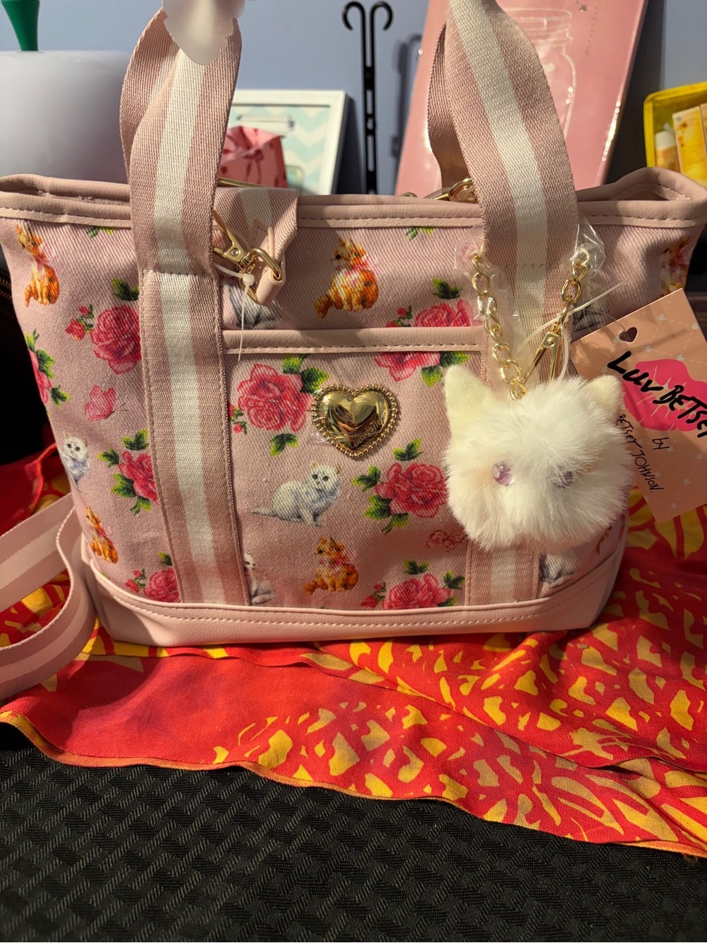 Betsey luv Betsey Johnson LBADIE Pink Multi Cat Rose Butterfly Tote + Strap NWT